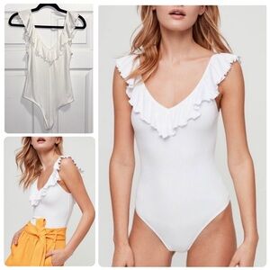 Aritzia Wilfred Danette Ruffled White Bodysuit Double V-neckline Ribbed Medium